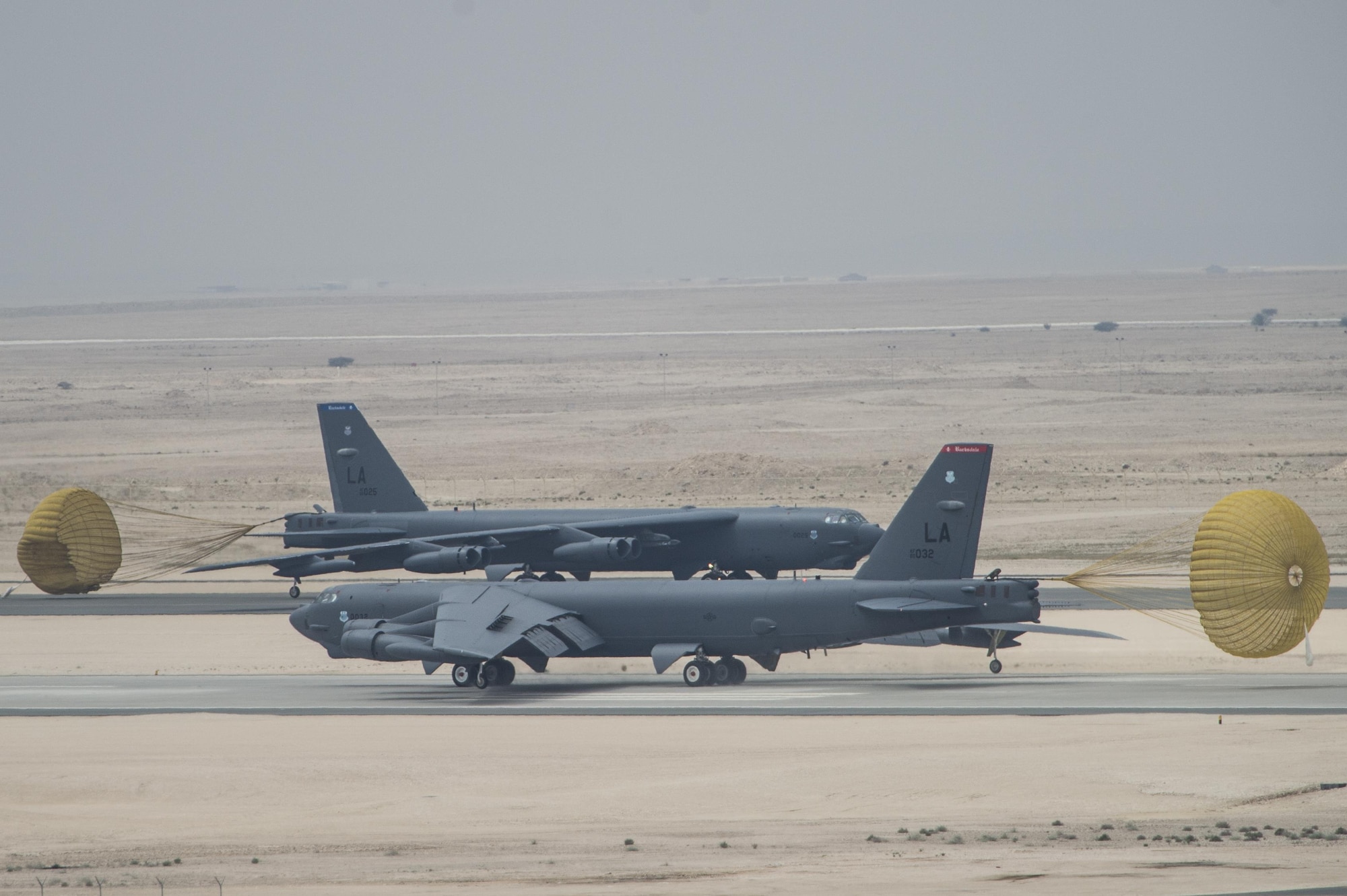 U.S. Air Force B-52 Stratofortress aircraft from Barksdale Air Force Base, La., arrived at Al Udeid Air Base, Qatar, April 9, 2016, in support of Operation Inherent Resolve, the operation to eliminate the Islamic State of Iraq and the Levant and the threat they pose to Iraq, Syria and the wider international community, and as needed in the region. The B-52 offers diverse capabilities including the delivery of precision weapons. (U.S. Air Force photo/Staff Sgt. Corey Hook)