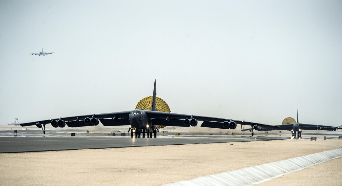 U.S. Air Force B-52 Stratofortress aircraft from Barksdale Air Force Base, La., arrive at Al Udeid Air Base, Qatar, April 9, 2016 in support of Operation Inherent Resolve, the operation to eliminate the Islamic State of Iraq and the Levant and the threat they pose to Iraq, Syria and the wider international community, and as needed in the region. The B-52 offers diverse capabilities including the delivery of precision weapons. (U.S. Air Force photo/Tech. Sgt. Nathan Lipscomb)