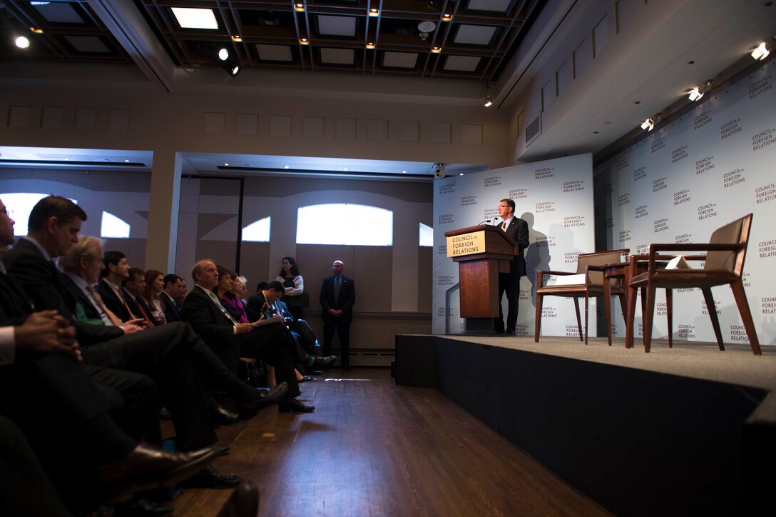 Defense Secretary Ash Carter delivers a speech on America's growing security network in the Asia-Pacific at the Council on Foreign Relations in New York City, April 8, 2016. DoD photo by Navy Petty Officer 1st Class Tim Godbee