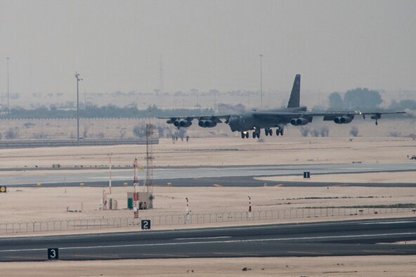 A B-52 Stratofortress from Barksdale Air Force Base, La., touches down at Al Udeid Air Base, Qatar, April 9, 2016. The B-52 offers diverse capabilities including the delivery of precision weapons. The aircraft and its crew have deployed in support Operation Inherent Resolve. This deployment is the first basing of the B-52s in the U.S. Central Command area of responsibility in 26 years. (U.S. Air Force photo/Staff Sgt. Corey Hook)