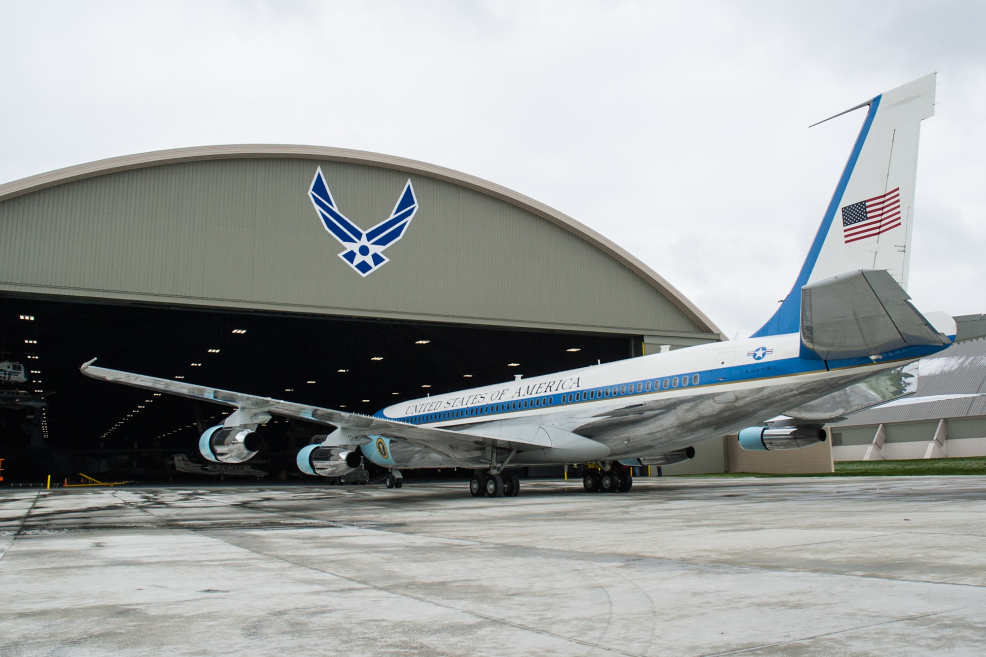 DAYTON, Ohio -- The VC-137C Air Force One (SAM 26000) being towed into the fourth building at the National Museum of the United States Air Force on April 9, 2016. (U.S. Air Force photo by Ken LaRock)