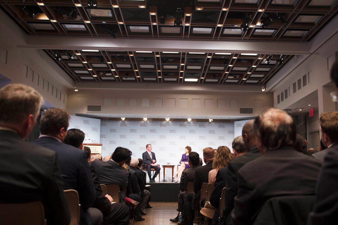 Defense Secretary Ash Carter participates in a discussion on America's growing security network in the Asia-Pacific with Mary Boies, Council on Foreign Relations board member, following a speech in New York City, April 8, 2016. DoD photo by Navy Petty Officer 1st Class Tim D. Godbee