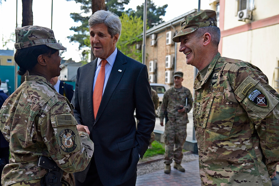 Secretary of State John Kerry greets a U.S. service member at Camp Resolute Support during a visit to Kabul, Afghanistan, April 9, 2016. Kerry expressed gratitude to service members, and also met with Army Gen. John W. Nicholson Jr., commander of U.S. Forces Afghanistan and the NATO Resolute Support Mission. Air Force photo by Staff Sgt. Tony Coronado