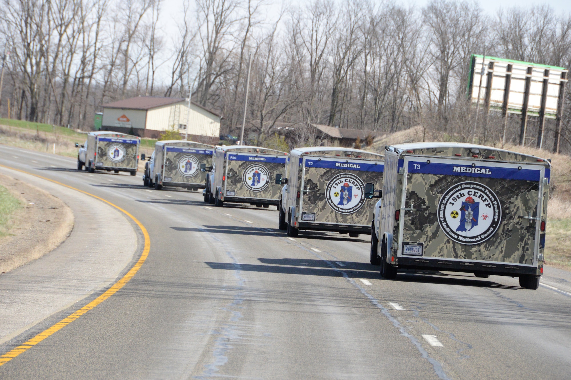 U.S. Air Force Airmen with the Indiana Air National Guard assigned to the 19th CBRNE Enhanced Response Force Package, 181st Intelligence Wing, convoy to Camp Grayling, Mich., for a cold weather training exercise, Operation Arctic Eagle, April 3, 2016. (U.S. Air National Guard photo by Airman 1st Class Kevin D. Schulze)