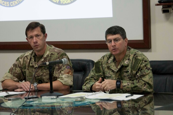 (April 9, 2016) Vice Adm. Kevin Donegan, commander, U.S. Naval Forces Central Command, and Commodore William Warrender, Royal Navy, Combined Maritime Forces deputy commander and leader of the International Mine Countermeasures Exercise (IMCMEX), speak with international media during a press conference, April 9. Media were able to speak with leadership and with participants of IMCMEX, which is the largest maritime exercise in the world, with international naval and civilian maritime forces from more than 30 nations spanning six continents training together across the Middle East. Through the course of the exercise participants will train to execute a wide spectrum of defensive operations designed to protect international commerce and trade consisting of mine countermeasures, maritime security operations and maritime infrastructure protection.