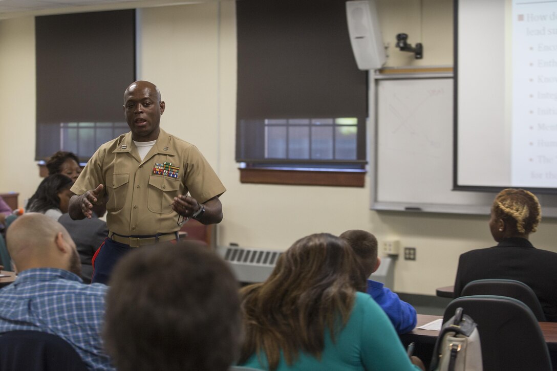 Capt. Ronnie Wilburn discusses the importance of leadership in the Marine Corps to North Carolina Central University students during the Marine Corps Leadership Seminar held at NCCU, Durham, N.C., April 8. The event provides an opportunity for Marines to engage with a diverse and highly qualified student population. Wiburn is the Deputy Comptroller for  Marine Corps Training Command, Marine Corps Base Quantico, Va. 