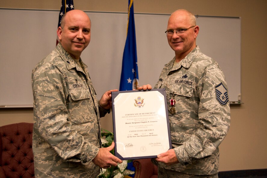 U.S. Air Force Reserve Lt. Col. Paul Centinaro, commander, 913th Maintenance Squadron, poses for a photo with Retired Master Sgt. Clayton N. Cravens, during his retirement ceremony at Little Rock Air Force Base, Ark., Apr. 9, 2016. Cravens retired after 35 years of faithful service to his country in a room filled with family, friends and co-workers. (U.S. Air Force photo by Master Sgt. Jeff Walston/Released)     

