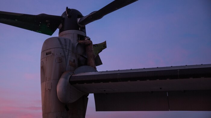 Cpl. Jesus Ontiveros, a crew chief with Marine Medium Tiltrotor Squadron 364 “Purple Foxes,” and an Oxnard, Calif. native, helps conduct the post-operation check of an MV-22B Osprey aboard Marine Corps Air Station Camp Pendleton, Calif., April 5. Marines with VMM-364 conduct post-operation checks to ensure the aircraft operates properly or to address any discrepancies the flight may have produced. 