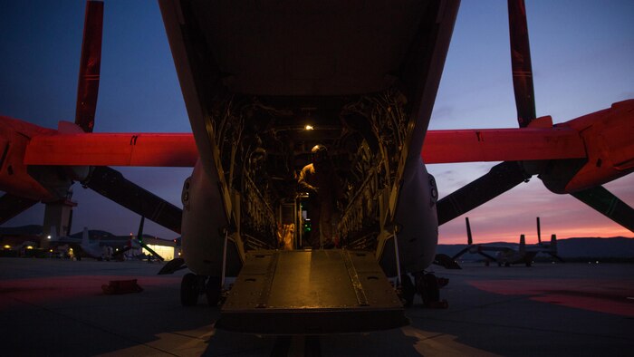 Cpl. Jesus Ontiveros, a crew chief with Marine Medium Tiltrotor Squadron 364 “Purple Foxes,” and an Oxnard, Calif. native, walks through an MV-22B Osprey during a post-operations check aboard Marine Corps Air Station Camp Pendleton, California, April 5. Before and after every flight, Marines with VMM-364 check Ospreys for any mechanical discrepancies to ensure the safety of pilots, air crew and passengers. 