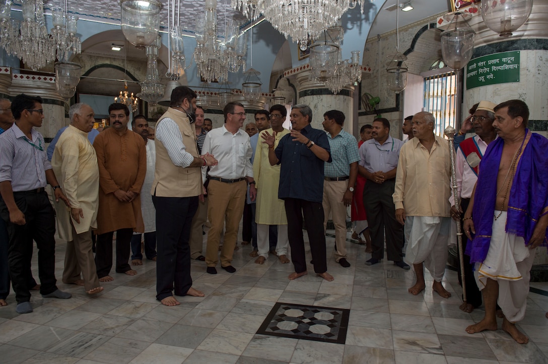 Defense Secretary Ash Carter, front center, tours the Mangeshi Temple with Indian Defense Minister Manohar Parrikar, front right, in Goa, India, April 10, 2016. Carter is visiting India to solidify the U.S. rebalance to the Asia-Pacific region. DoD photo by Air Force Senior Master Sgt. Adrian Cadiz