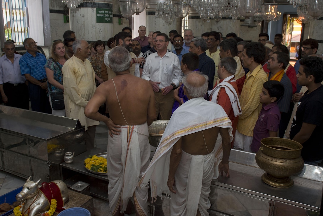 Defense Secretary Ash Carter tours the Mangeshi Temple in Goa, India, April 10, 2016. Carter is visiting India to solidify the U.S. rebalance to the Asia-Pacific region. DoD photo by Air Force Senior Master Sgt. Adrian Cadiz