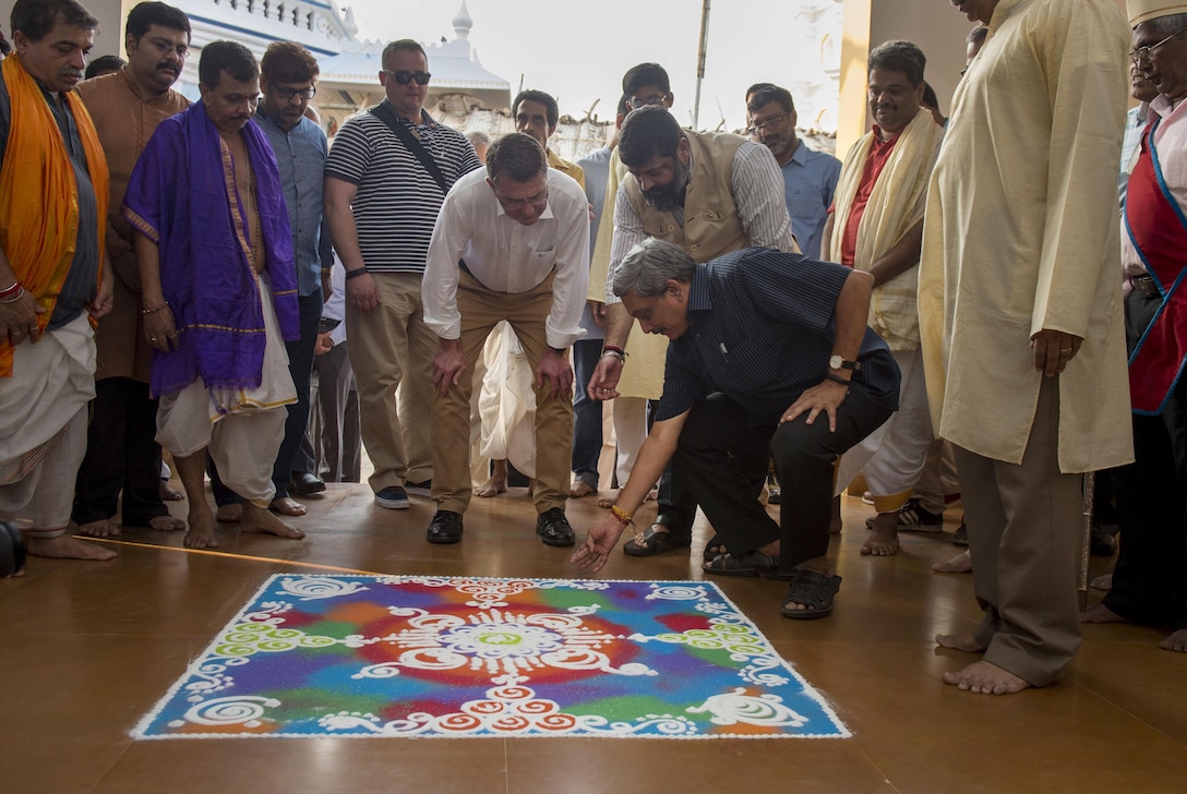Indian Defense Minister Manohar Parrikar, right,  gives Defense Secretary Ash Carter a tour the Mangeshi Temple in Goa, India, April 10, 2016. Carter is visiting India to solidify the U.S. rebalance to the Asia-Pacific region. DoD photo by Air Force Senior Master Sgt. Adrian Cadiz