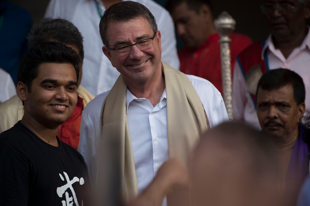 Defense Secretary Ash Carter takes a photo with a resident during a tour of the Mangeshi Temple in Goa, India, April 10, 2016. Carter is visiting India to solidify the rebalance to the Asia-Pacific region. DoD photo by Air Force Senior Master Sgt. Adrian Cadiz