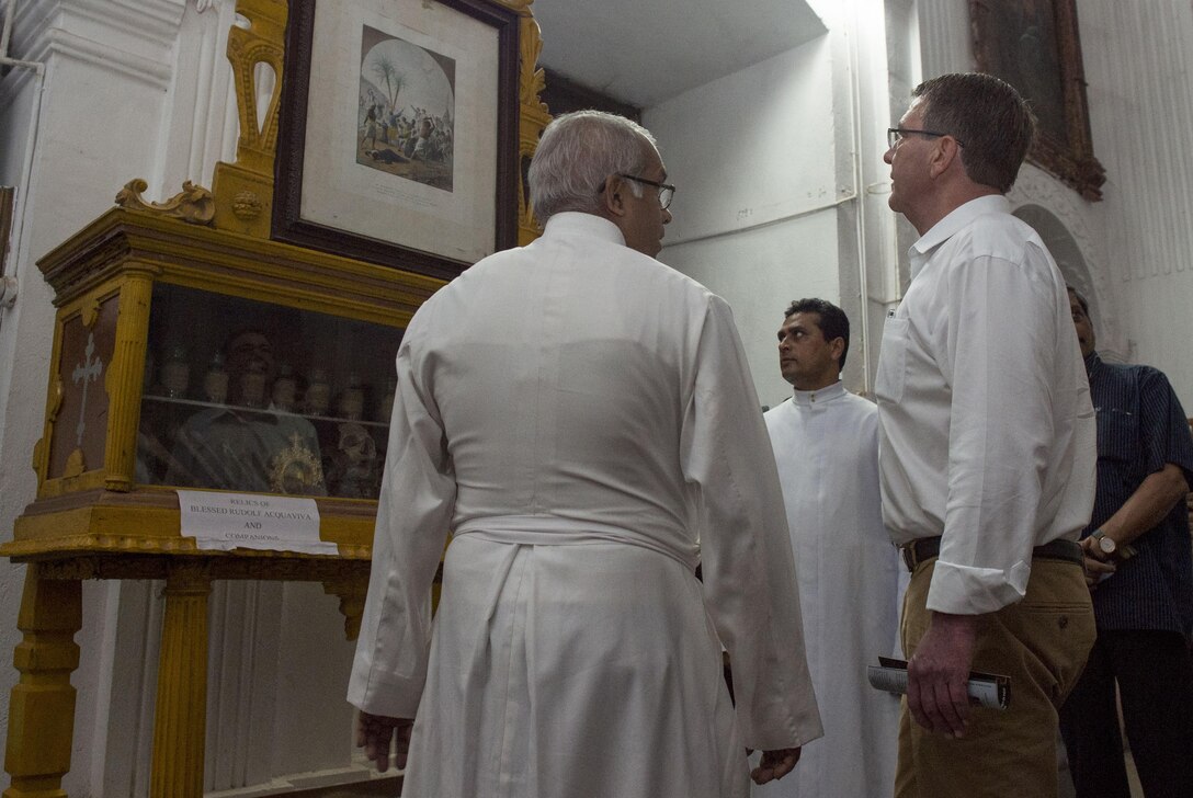 Defense Secretary Ash Carter tours Basilica of Bom Jesus in Goa, India, April 10, 2016. Carter is visiting India to solidify the rebalance to the Asia-Pacific region. DoD photo by Air Force Senior Master Sgt. Adrian Cadiz
