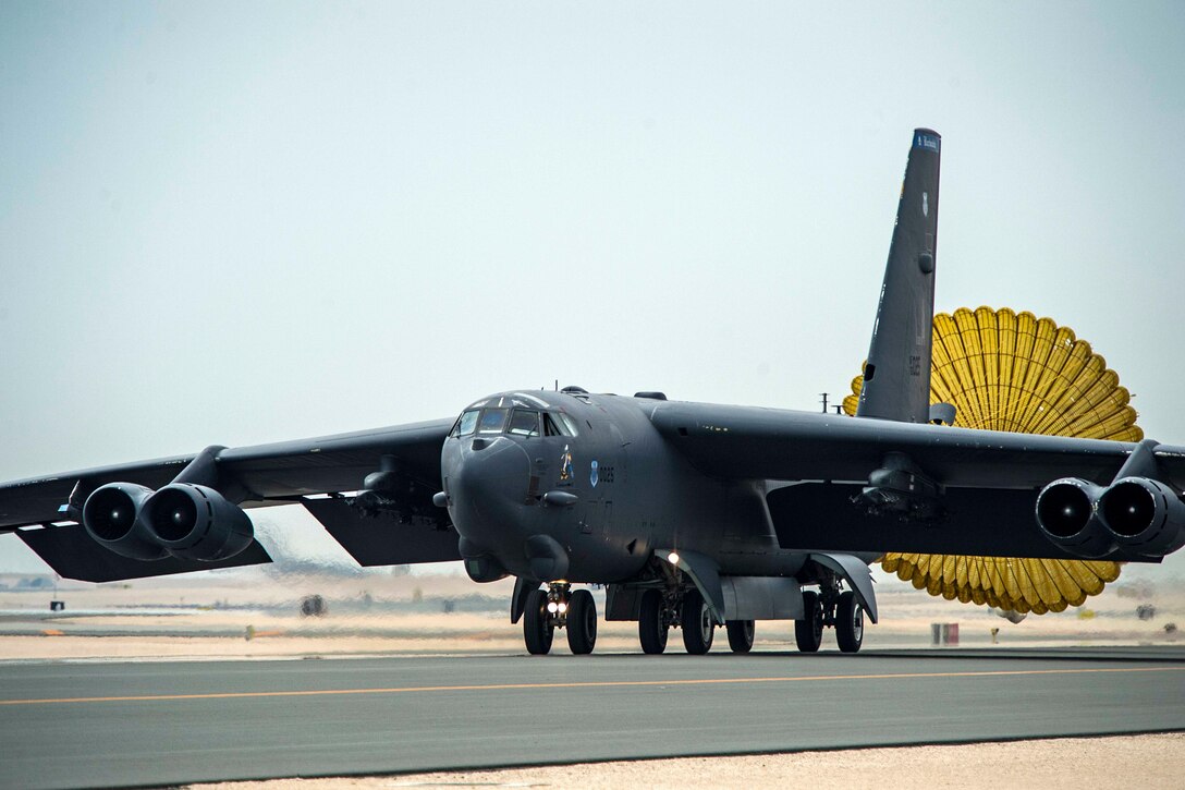 An Air Force B-52 Stratofortress aircraft deploys its rear chute after touching down at Al Udeid Air Base, Qatar, April 9, 2016. Air Force photo by Tech. Sgt. Nathan Lipscomb