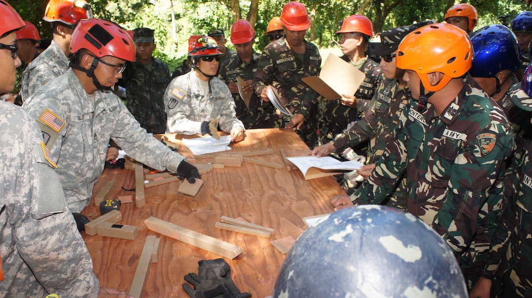 Staff Sgt. Lahela Sylva-Kanagusuku and  Staff Sgt. Rowell Gala members of the Hawaii National Guard’s CERFP team review collapsed structure shoring for members of the Armed Forces of the Philippines during  the Urban Search and Rescue Subject Matter Expert Exchange for Balikatan 2016, April 08, 2016, Camp Capinpin, Philippines. The Hawaii National Guard CERF-P team is supporting Balikatian 2016 through the National Guard State Partnership Program with the aim of building capability across the disaster response forces of both countries. Balikatan, which means "shoulder to shoulder" in Filipino, is an annual bilateral training exercise aimed at improving the ability of Philippine and U.S. military forces to work together during planning, contingency and humanitarian assistance and disaster relief operations.