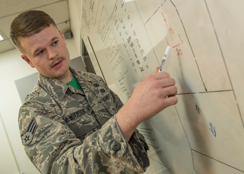 U.S. Air Force Senior Airman Christopher McWhorter, a weapons director with the 610th Air Control Flight, briefs Airmen at Misawa Air Base, Japan, April 8, 2016. Briefings given by weapons directors prepare four to 12 pilots for tactical missions in support of Suppression of Enemy Air Defense air operations. McWhorter is from Nashville, Tennessee. (U.S. Air Force photo by Airman 1st Class Jordyn Fetter)
