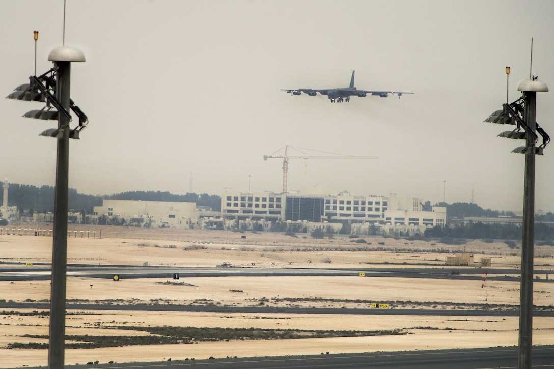 An Air Force B-52 Stratofortress aircraft prepares to land at Al Udeid Air Base, Qatar, April 9, 2016. The B-52 offers diverse capabilities including the delivery of precision weapons. Air Force photo by Staff Sgt. Corey Hook