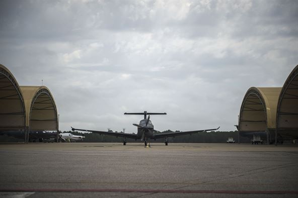 A U-28A aircraft taxies in after completing a mission March 31 at Hurlburt Field, Florida. As part of the mission, Staff Sgt. Kyle Cook, a tactical system operator with the 28th Intelligence Squadron, completed his aircraft mission qualification training. (U.S. Air Force photo/Airman 1st Class Kai White)