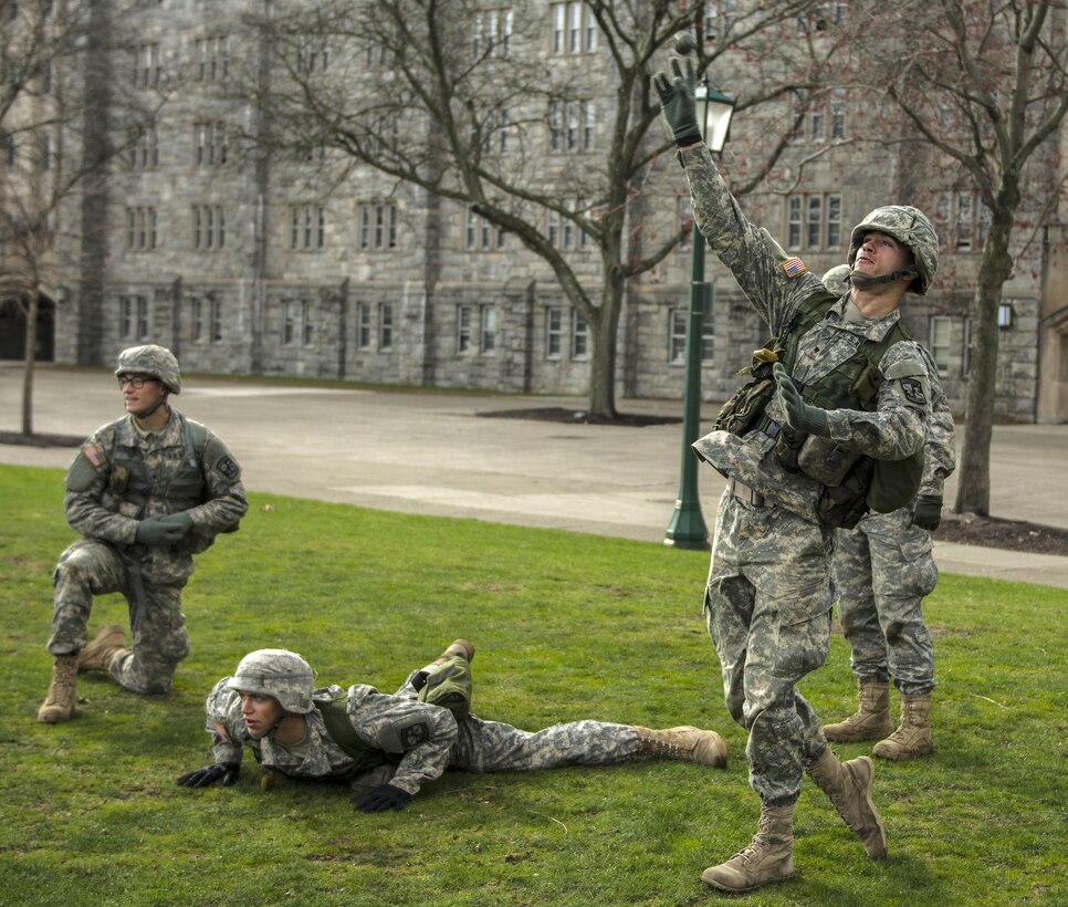 Cadets practice throwing dummy grenades before the 2016 Sandhurst competition at the U.S. Military Academy, West Point, N.Y., April 7, 2016. The cadets are assigned to the Michigan State University Reserve Officer Training Corp. Army photo by Sgt. 1st Class Brian Hamilton