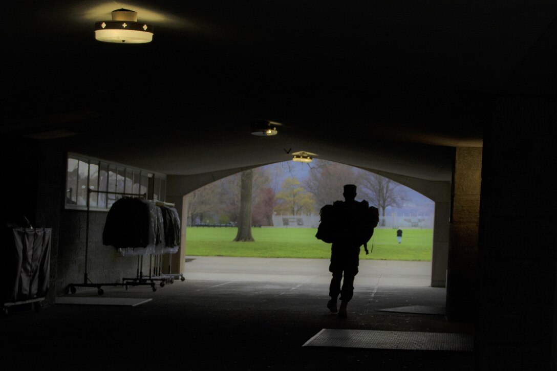 A cadet walks towards the plain to participate in the 2016 Sandhurst competition at the U.S. Military Academy, West Point, N.Y., April 8, 2016. The cadet is assigned to the U.S. Military Academy. Army photo by Sgt. 1st Class Brian Hamilton