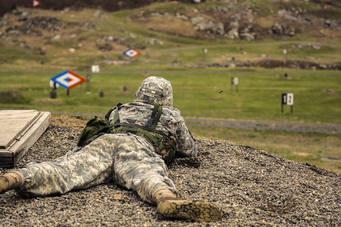 A cadet fires his weapons at targets part of the third station during the 2016 Sandhurst competition at the U.S. Military Academy, West Point, N.Y., April 8, 2016. The cadet is assigned to the U.S. Military Academy. Army photo by Sgt. 1st Class Brian Hamilton