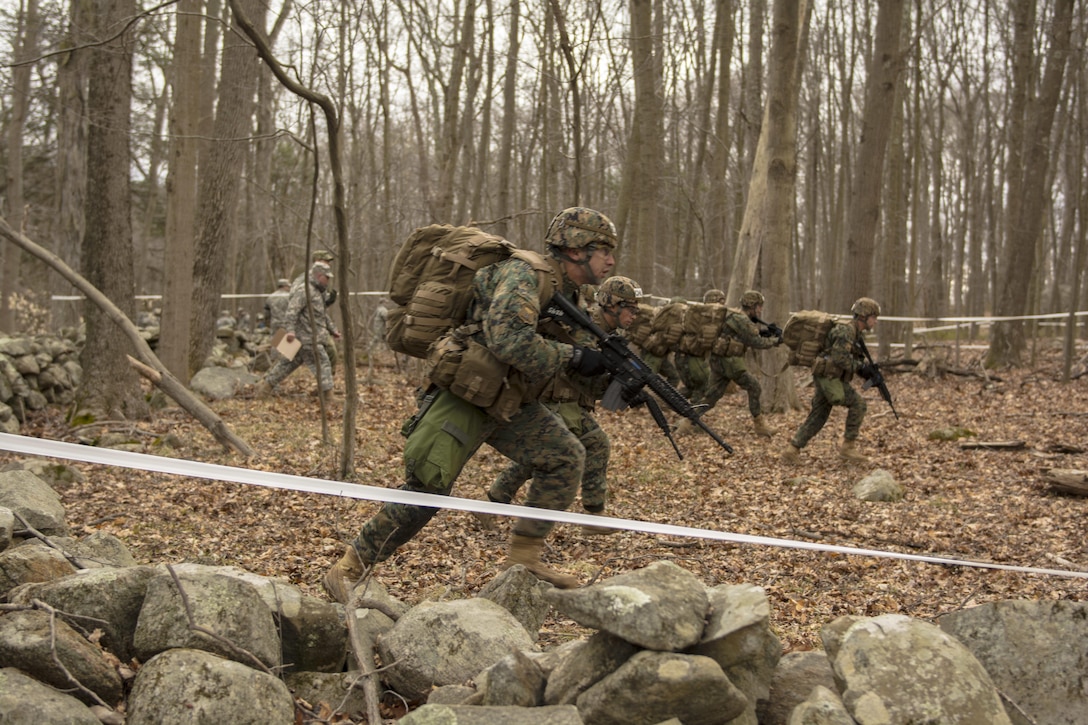 Cadets react to direct contact during the 2016 Sandhurst competition at the U.S. Military Academy, West Point, N.Y., April 8, 2016. The cadets are assigned to the Turkish Military Academy. Army photo by Sgt. 1st Class Brian Hamilton