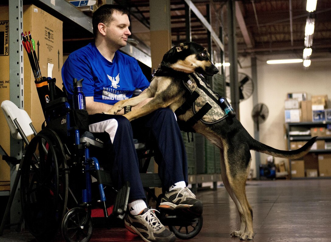 Brian Schaaf, a Warrior Games athlete, pets a service dog during an archery session at the Air Force team’s training camp at Eglin Air Force Base, Fla., April 4, 2016. The base hosted a week-long Warrior Games training camp before the yearly competition in June. Air Force photo by Samuel King Jr.