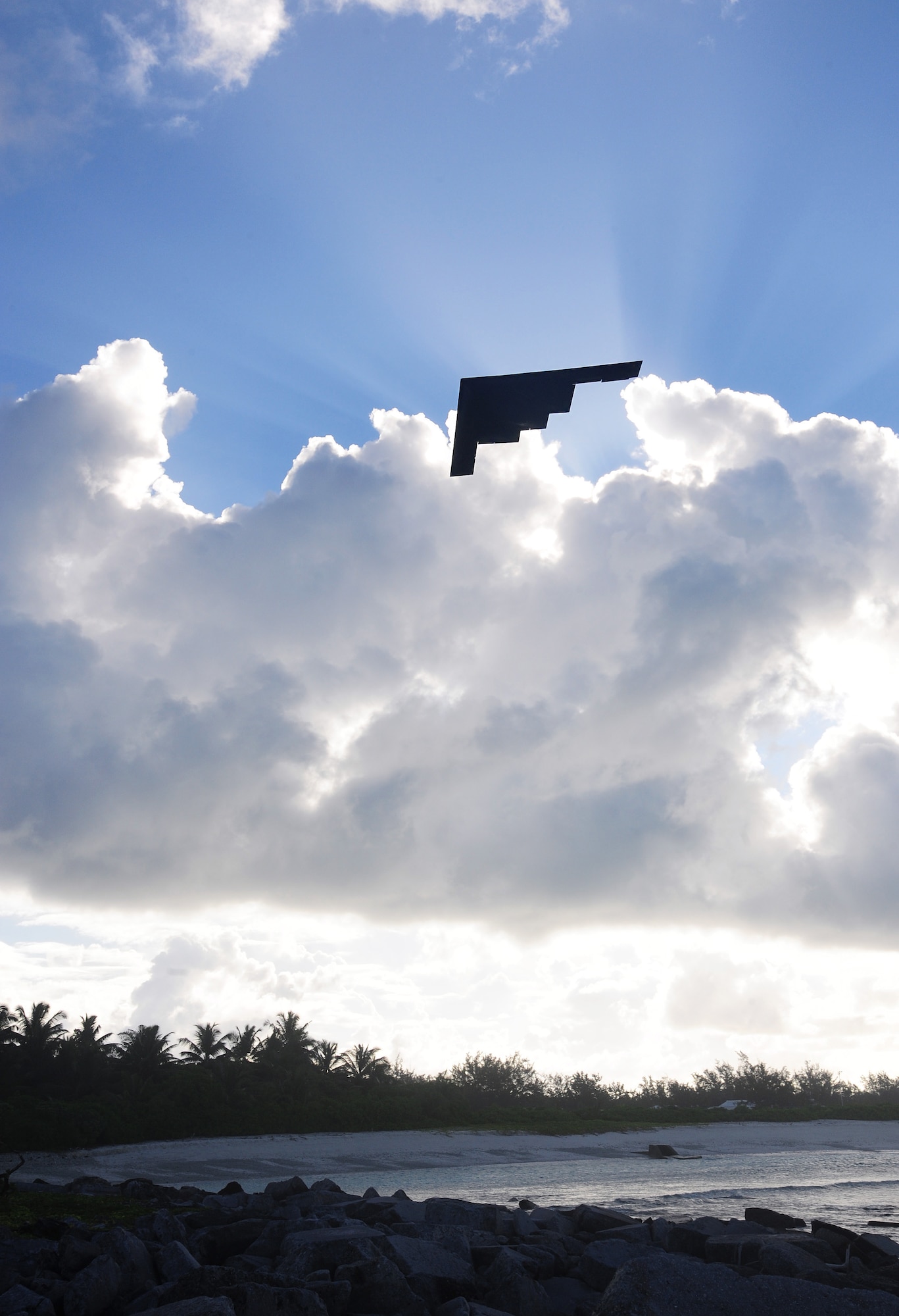 A B-2 Spirit deployed from Whiteman Air Force Base, Mo., takes off from an undisclosed location in the U.S. Pacific Command area of operations March 27, 2016. Bomber training missions and deployments ensure crews maintain a high state of readiness and proficiency and demonstrate the ability to provide an always-ready global strike capability. (U.S. Air Force photo by Senior Airman Joel Pfiester)   