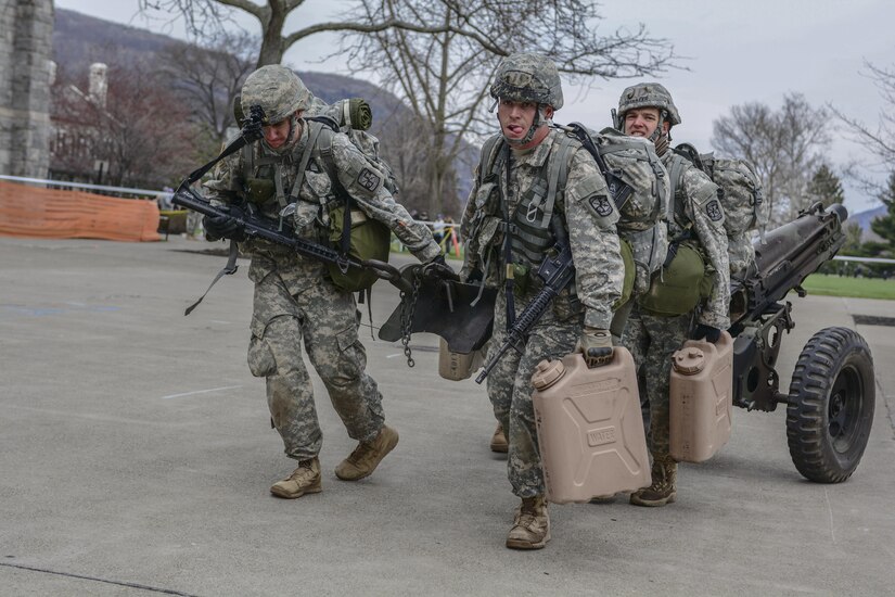 Cadets from the University of Deleware's Reserve Officer Training Corps move a howitzer, water cans and ammo boxes at the eleventh and final station, the gun run, on the final day of competition at the 2016 Sandhurst competition held at West Point, N.Y., April 9, 2016. In all, 60 teams of cadets from military acdemies in 13 countries traveled 35 miles through the Hudson Valley over 36 hours during the annual event that began in 1967. (U.S. Army photo Sgt. 1st Class Brian Hamilton/released)