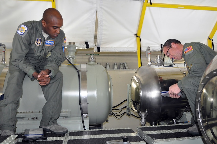 Master Sgt. Kahleef Graham, a C-130H Hercules cargo aircraft loadmaster and a Modular Aerial Spray System (MASS) operator assigned to the 757th Airlift Squadron, observes as Tech. Sgt. Richard Demchuk, a C-130H Hercules cargo aircraft loadmaster assigned to the 757th Airlift Squadron, goes through a functions checklist in a hangar here, April 3, 2016. Demchuk was completing a specialized certification to perform his dual role as a MASS operator for the Department of Defense’s only aerial spray capability. For more information about the 910th Airlift Wing’s Air Force Reserve special mission, click on the following link: http://www.youngstown.afrc.af.mil/About/FactSheets/Display/tabid/865/Article/178927/aerial-spray-mission.aspx (U.S. Air Force photo/Master Sgt. Bob Barko Jr.)