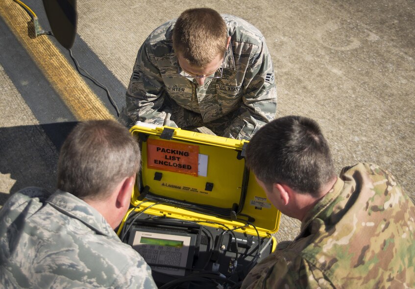 Active and Reserve Airmen from the 919th Special Operations Maintenance Group use a pitot static test set on a C-145 Skytruck to check the accuracy of flight indicators  at Duke Field Fla., Feb. 25.  The Airmen are part of the avionics shop of the Wing’s maintenance group.  (U.S. Air Force photo/Tech. Sgt. Sam King)