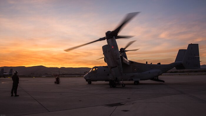 Marines with Marine Medium Tiltrotor Squadron 364 “Purple Foxes,” conduct the post-operations check of an MV-22B Osprey aboard Marine Corps Air Station Camp Pendleton, Calif., April 5. Marines with VMM-364 and VMM-165 spent several hours conducting division confined area landings in Southern California to build and maintain the proficiency of the pilots and air crew. 