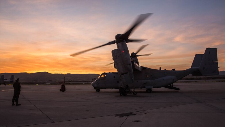 Marines with Marine Medium Tiltrotor Squadron 364 “Purple Foxes,” conduct the post-operations check of an MV-22B Osprey aboard Marine Corps Air Station Camp Pendleton, Calif., April 5. Marines with VMM-364 and VMM-165 spent several hours conducting division confined area landings in Southern California to build and maintain the proficiency of the pilots and air crew. 