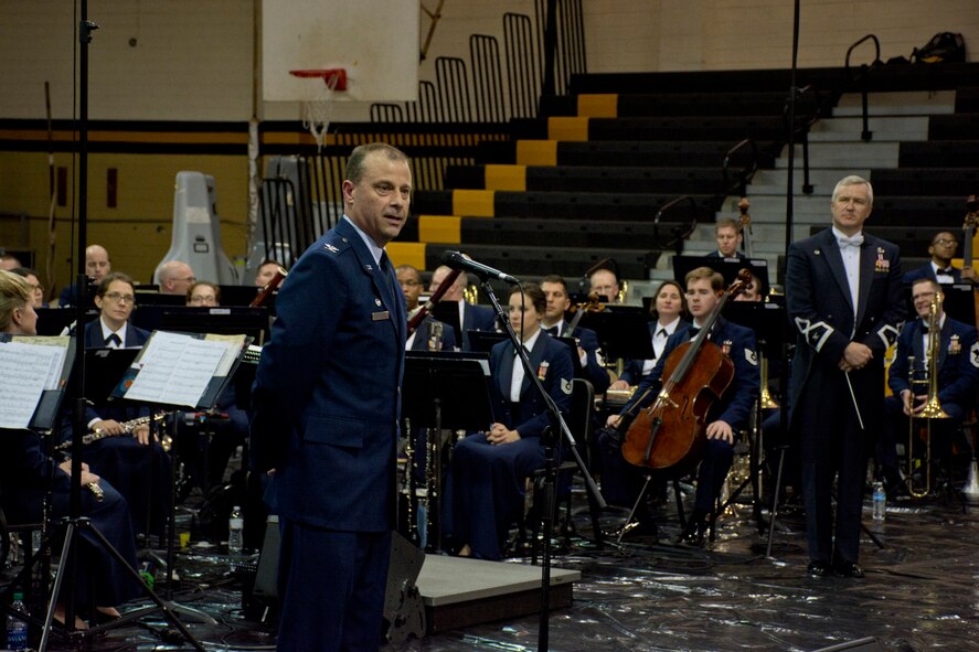 U.S. Air Force Reserve Col. Craig Drescher, commander, 913th Airlift Group, introduces The United States Air Force Band to the audience before the band’s performance at Little Rock Central High School, in Little Rock, Ark., Apr. 7, 2016. The United States Air Force Concert Band and Singing Sergeants are performing across five states during a 12-day spring tour. (U.S. Air Force photo by Master Sgt. Jeff Walston/Released)