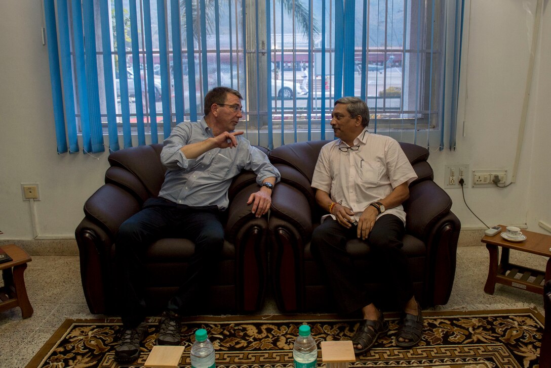 Defense Secretary Ash Carter meets with Indian Defense Minister Manohar Parrikar after arriving at the Karwar naval base in India, April 11, 2016. DoD photo by Air Force Senior Master Sgt. Adrian Cadiz