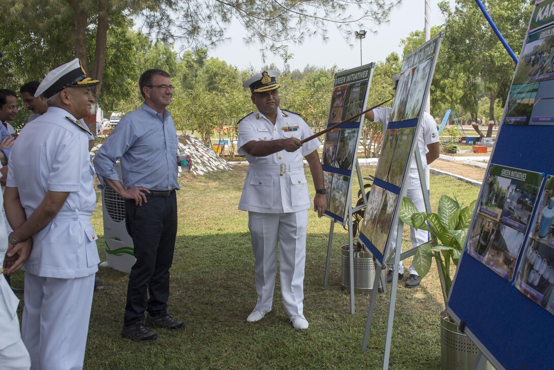 Defense Secretary Ash Carter receives a briefing about the Karwar naval base in India upon arriving at the base to visit the Indian aircraft carrier INS Vikramaditya, April 11, 2016. DoD photo by Air Force Senior Master Sgt. Adrian Cadiz