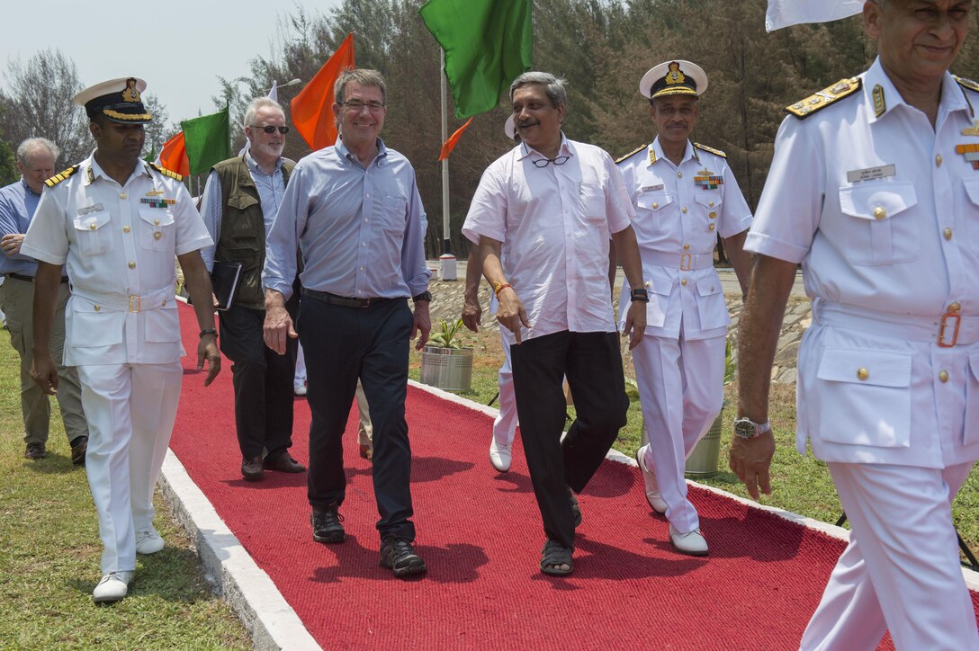 Defense Secretary Ash Carter walks with Indian Defense Minister Manohar Parrikar during a tour of the Karwar naval base in India, April 11, 2016. DoD photo by Air Force Senior Master Sgt. Adrian Cadiz
