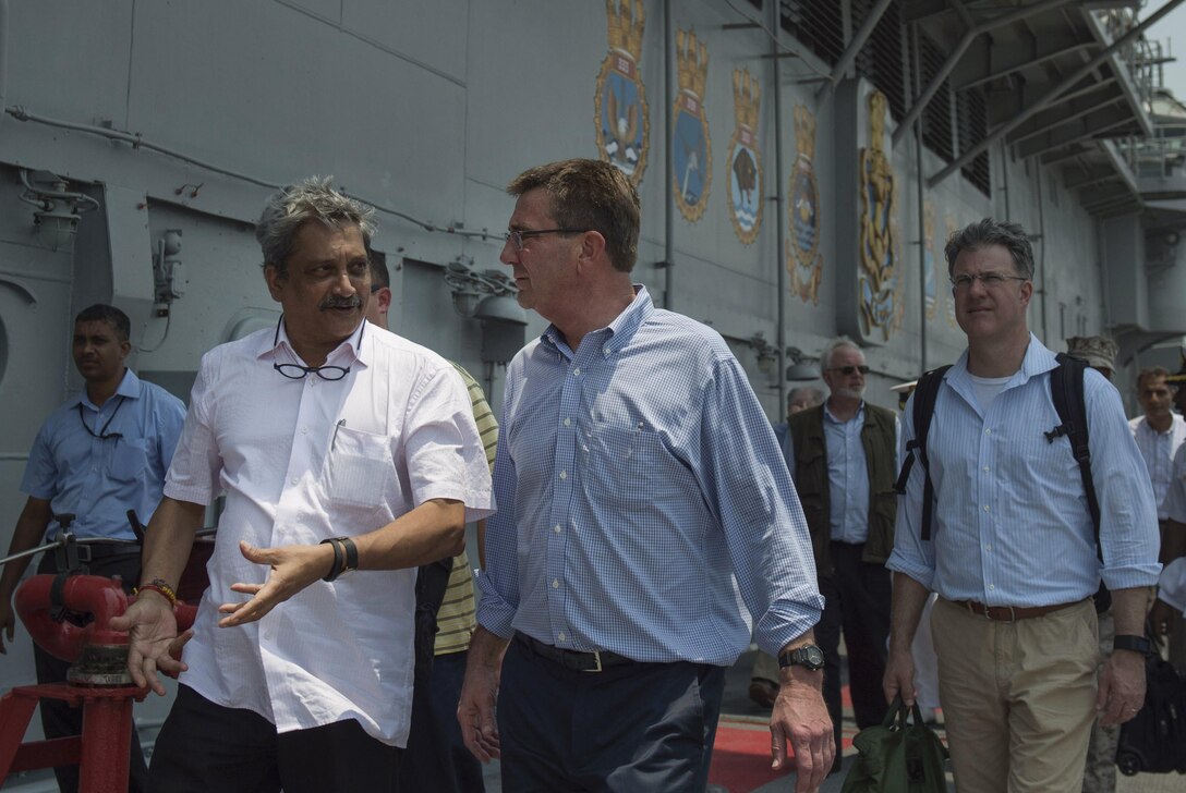 Defense Secretary Ash Carter walks with Indian Defense Minister Manohar Parrikar during a tour of the Indian aircraft carrier INS Vikramaditya at the Karwar naval base in India, April 11, 2016. DoD photo by Air Force Senior Master Sgt. Adrian Cadiz