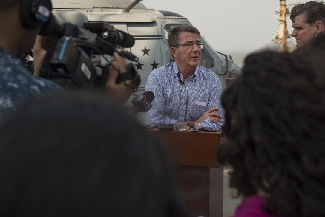 Defense Secretary Ash Carter speaks to reporters as he visits the USS Blue Ridge in India, April 11, 2016. DoD photo by Air Force Senior Master Sgt. Adrian Cadiz