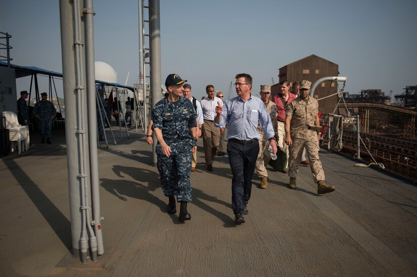 Defense Secretary Ash Carter walks with Navy Vice Adm. Joseph Aucoin while visiting the USS Blue Ridge in India, April 11, 2016. Aucoin is commander of the U.S. 7th Fleet. DoD photo by Air Force Senior Master Sgt. Adrian Cadiz