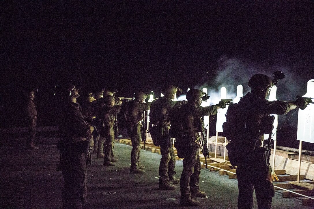 U.S. Marines with the 13th Marine Expeditionary Unit conduct a reconnaissance and surveillance live-fire range aboard the USS New Orleans, Indian Ocean, Apr. 1, 2016. The Marines conducted the range during the day and again at night to maintain combat readiness and effectiveness. The Boxer Amphibious Ready Group/13th MEU team is currently deployed to the 5th Fleet area of responsibility to support regional stability and security. (U.S. Marine Corps photo by Lance Cpl. Alvin Pujols/RELEASED)