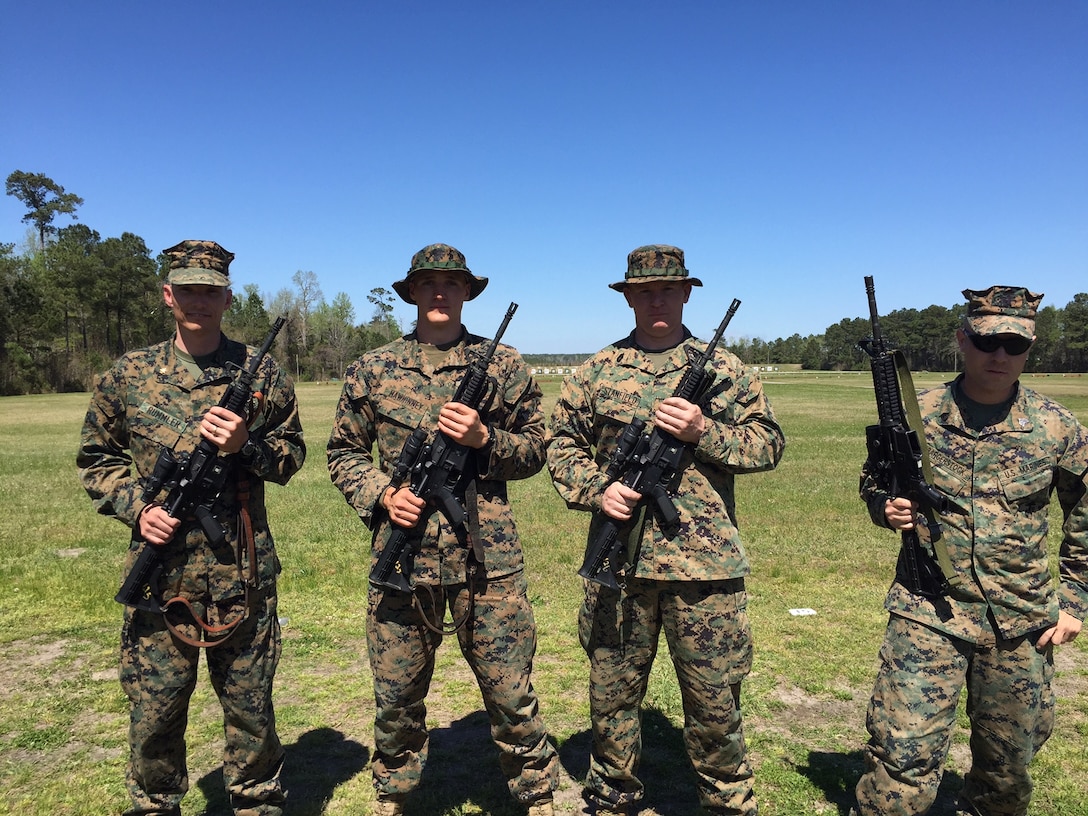 The U.S. Marine Corps Forces Command shooting team concludes training during the 2016 Eastern Division Matches Rifle and Pistol Competition at Marine Corps Base Camp Lejeunce, N.C., 1 April. The team was lead by Maj. Pete Rummler. (released)