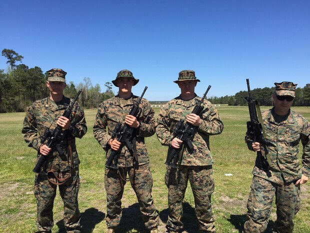 The U.S. Marine Corps Forces Command shooting team concludes training during the 2016 Eastern Division Matches Rifle and Pistol Competition at Marine Corps Base Camp Lejeunce, N.C., 1 April. The team was lead by Maj. Pete Rummler. (released)