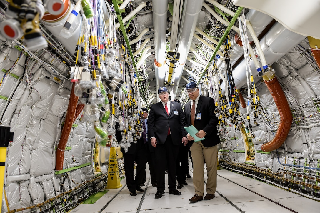 Deputy Defense Secretary Bob Work tours the P-8A-specific final installation bay and tours a Navy P-8A at the Boeing Co. in Seattle, April 7, 2016. DoD photo by Army Sgt. 1st Class Clydell Kinchen