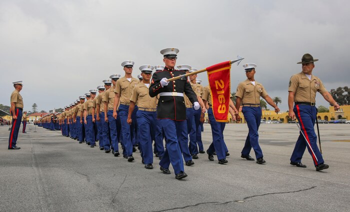 Marines from Hotel Company, 2nd Recruit Training Battalion, march across the parade deck during a graduation ceremony at Marine Corps Recruit Depot San Diego, April 8. Graduation takes place at the completion of a 13-week transformation including training in drill, marksmanship, basic combat skills and Marine Corps customs and traditions. Annually, more than 17,000 males recruited from the Western Recruiting Region are trained at MCRD San Diego.
