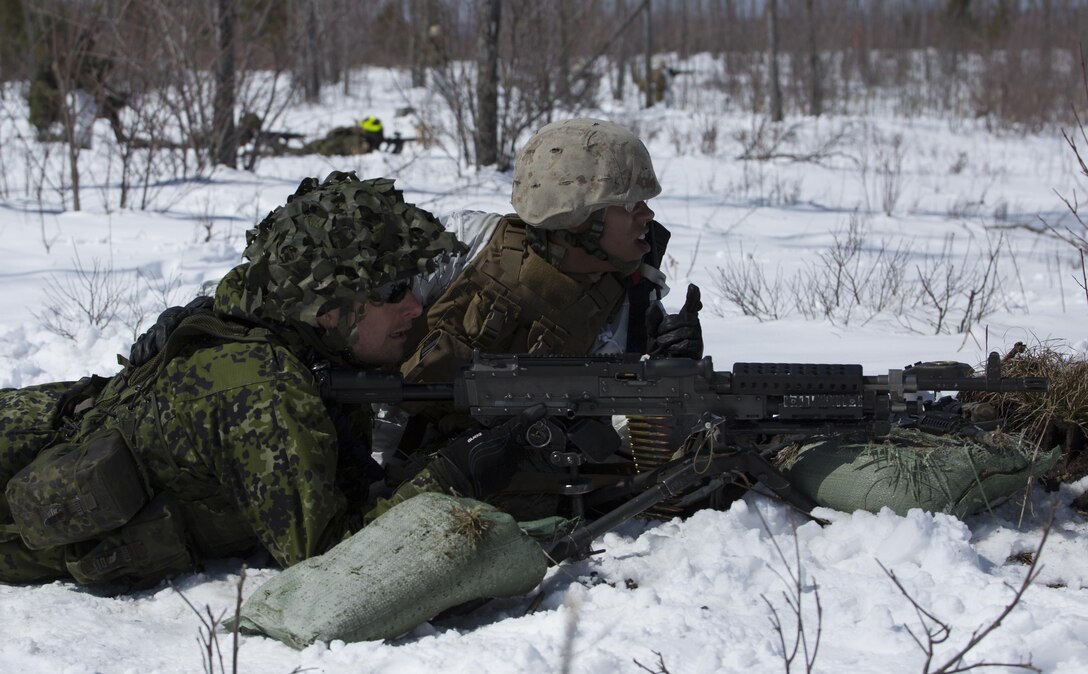 Lance Cpl. Jordan T. Woodard (right), a machine gunner with Weapons Platoon, Company I, 3rd Battalion, 25th Marine Regiment, 4th Marine Division, Marine Forces Reserve, and Cpl. Lars Plambech (left), a soldier from the Danish Home Guard, fire an M240 machine gun at a target at the infantry squad battle course during exercise Arctic Eagle at Camp Grayling, Mich., April 5, 2016. The Marines joined soldiers with the U.S. Army National Guard and the Danish Home Guard in the bilateral exercise, designed to simulate a joint task force defending key infrastructure in the arctic region. (U.S. Marine Corps photo by Cpl. Ian Leones/Released)