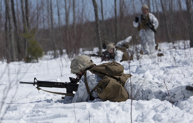 Lance Cpl. Jacob T. Campbell, an infantryman with 3rd Platoon, Company I, 3rd Battalion, 25th Marine Regiment, 4th Marine Division, Marine Forces Reserve, provides security for machine gunners at the infantry squad battle course during exercise Arctic Eagle at Camp Grayling, Mich., April 5, 2016. The Marines joined soldiers with the U.S. Army National Guard and the Danish Home Guard inthe bilateral exercise, designed to simulate a joint task force defending key infrastructure in the arctic region. (U.S. Marine Corps photo by Cpl. Ian Leones/Released)