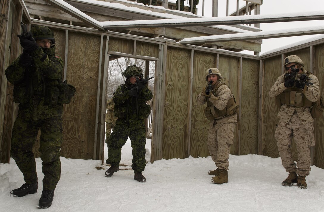 Marines with Company I, 3rd Battalion, 25th Marine Regiment, 4th Marine Division, Marine Forces Reserve, and soldiers from the Danish Home Guard conduct a room clearing drill during exercise Arctic Eagle at Camp Grayling, Mich., April 6, 2016.  The Marines joined soldiers with the U.S. Army National Guard and the Danish Home Guard in the bilateral exercise, designed to simulate a joint task force defending key infrastructure in the arctic region. (U.S. Marine Corps photo by Cpl. Ian Leones/Released)
