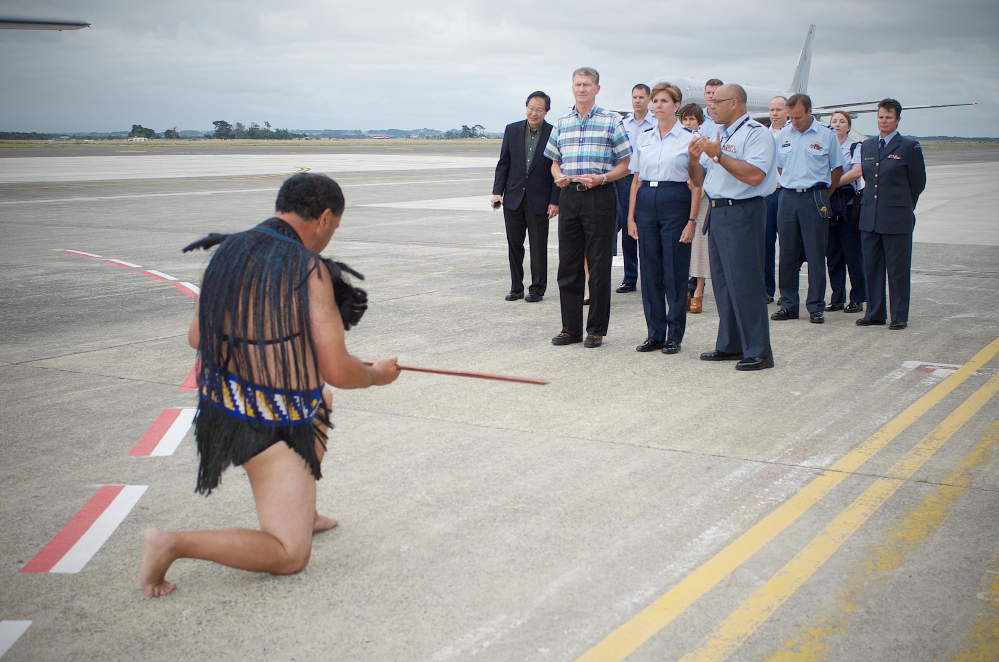 Gen. Lori Robinson, Pacific Air Forces commander, and a delegation from Pacific Air Forces, looks on as Royal New Zealand Air Force Base Ohakea Maori cultural advisor, Warrant Officer P.J. Smith, explains the traditional Powhiri warrior ceremony upon her arrival at the base, March 4, 2016.  Robinson visited RNZAF veterans and gave remarks at the 75 Years of Women in Service celebration. The visit to RNZAF Base Ohakea was part of Robinson’s two-week visit to New Zealand and Australia, which served to improve relations with both nations and reaffirmed PACAF’s commitment to the rebalance in the Pacific. (Photo courtesy of RNZAF)